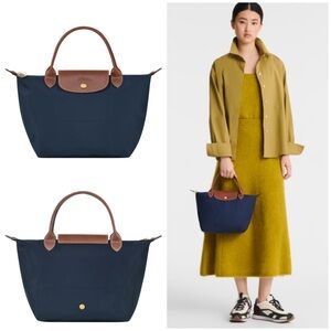 $150 Longchamp Le Pliage Navy Blue Nylon Brown Leather Tote Satchel Bag